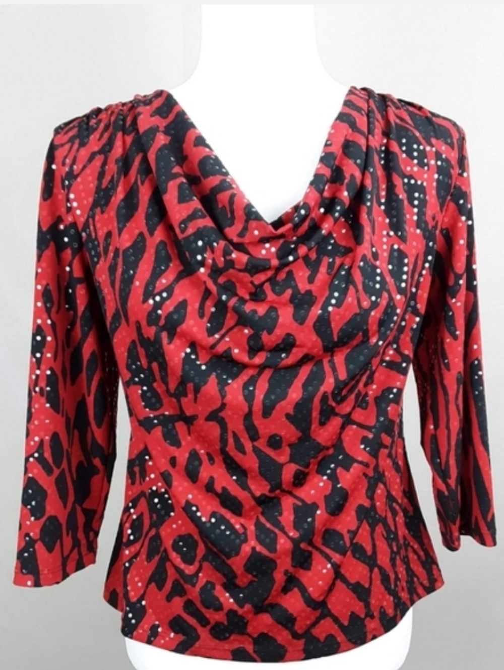 S. Levine Red & Black Abstract Print Cowl Neck Blouse 3/4 Sleeve Top
